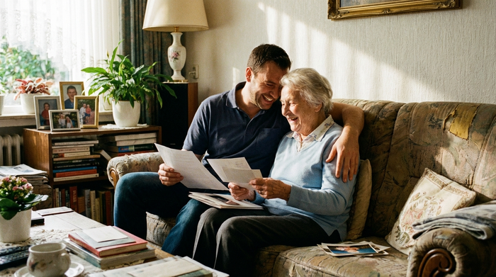 Pflegender Angehöriger und Seniorin betrachten gemeinsam entspannt Unterlagen auf dem heimischen Sofa