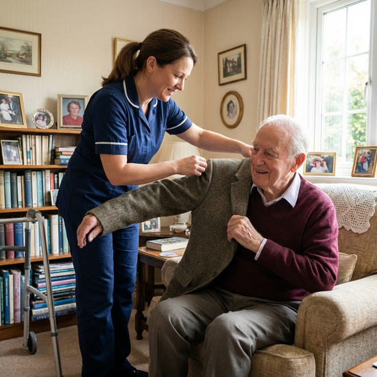Pflegekraft unterstützt einen älteren Mann beim Anlegen einer Jacke