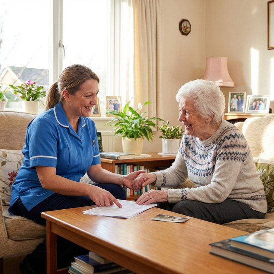 Pflegekraft und Seniorin sitzen entspannt zusammen bei einem Beratungsgespräch