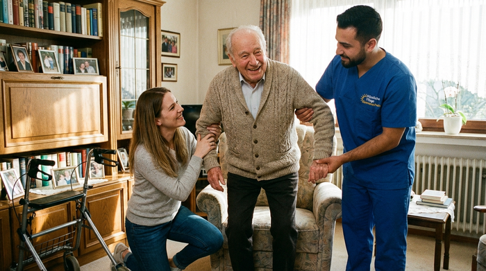 Eine Tochter und ein Pflegedienst-Mitarbeiter unterstützen gemeinsam einen älteren Herrn im Wohnzimmer