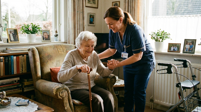 Pflegekraft hilft Seniorin behutsam beim Aufstehen aus dem Sessel