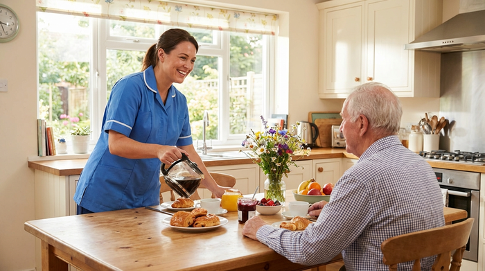 Pflegekraft richtet das Frühstück an einem hellen Küchentisch