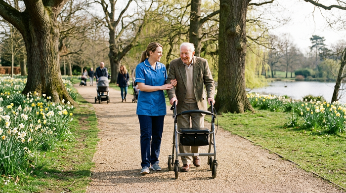 Pflegekraft und Senior gehen gemeinsam im Park spazieren