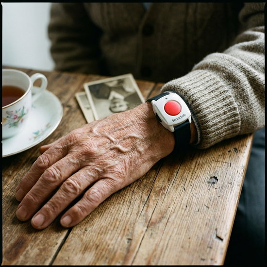 Ein Hausnotruf-Armband am Handgelenk eines Senioren