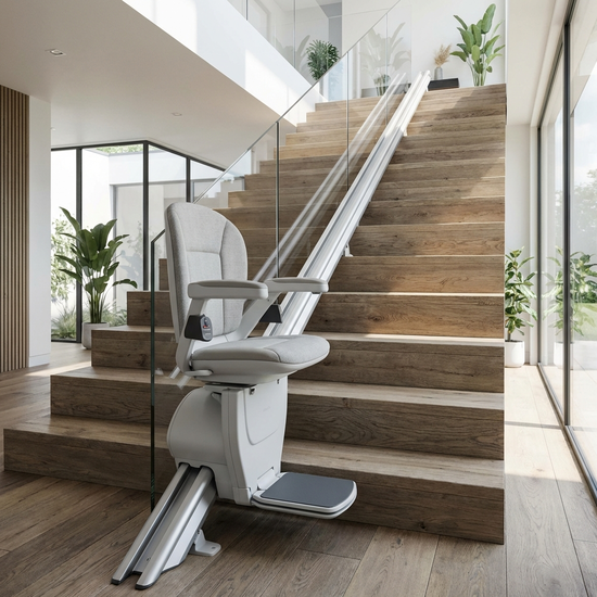 Ein moderner, bequemer Treppenlift auf einer geraden Holztreppe