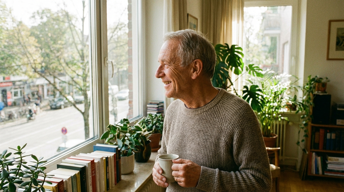 Ein zufriedener, lächelnder älterer Herr schaut aus einem hellen Wohnzimmerfenster