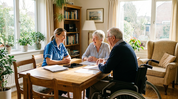 Freundliche Pflegekraft berät älteres Ehepaar im hellen Wohnzimmer am Tisch