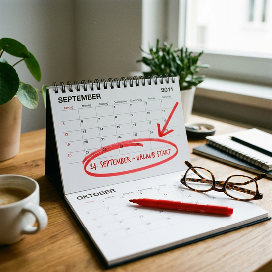 Tischkalender mit rotem Stift markiert, daneben eine Brille