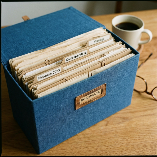 Sorgfältig sortierte Dokumente in einer blauen Mappe