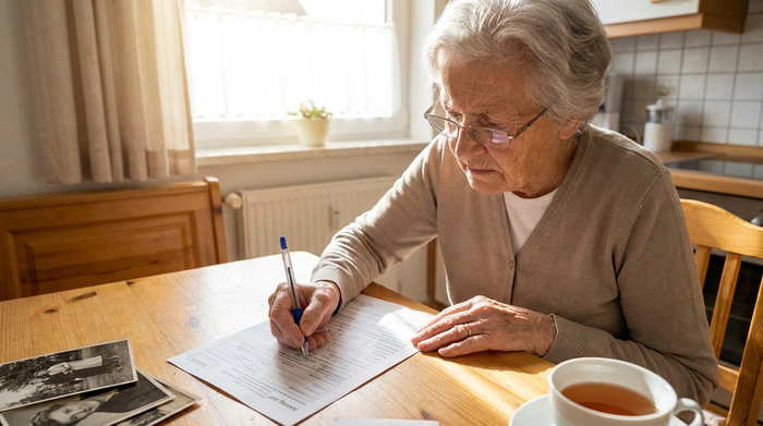 Seniorin füllt konzentriert ein Formular mit einem Kugelschreiber aus