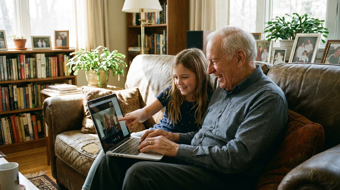 Enkelin hilft ihrem Großvater am Laptop im Wohnzimmer