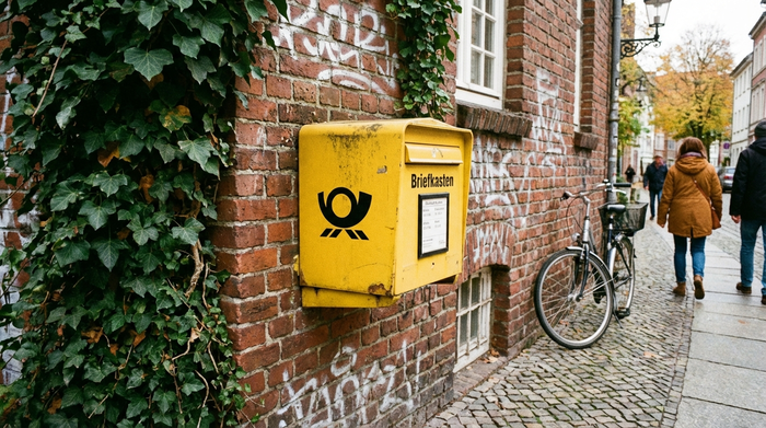 Gelber Briefkasten der Deutschen Post an einer Hauswand