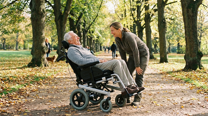 Senior im Rollstuhl lacht gemeinsam mit seiner Pflegerin bei einem Spaziergang im Park