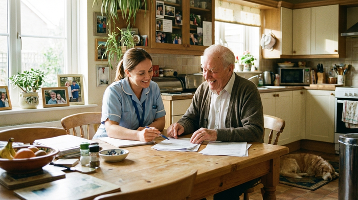 Pflegerin und Senior sitzen lächelnd am Küchentisch und besprechen Unterlagen