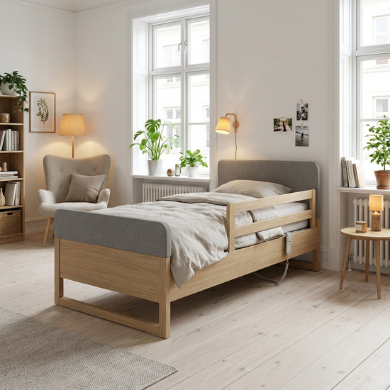 Modernes Pflegebett in einem hellen, freundlichen Schlafzimmer