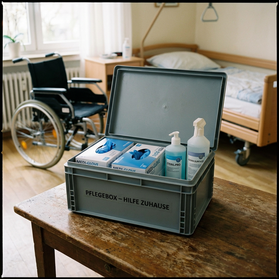 Geöffnete Pflegebox mit Handschuhen und Desinfektionsmittel auf einem Tisch