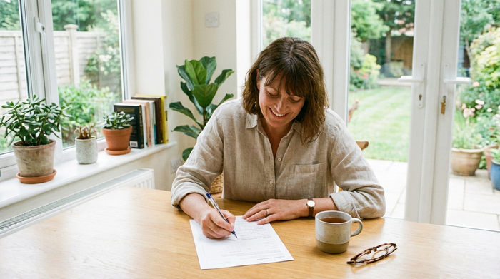 Frau füllt entspannt ein Formular am Schreibtisch aus