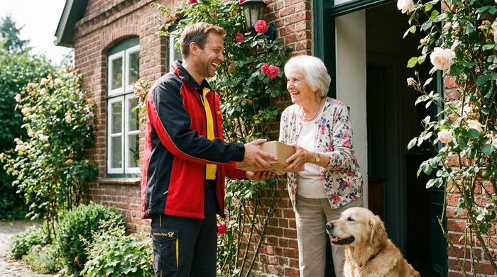 Postbote übergibt ein Paket an eine lächelnde Seniorin an der Haustür
