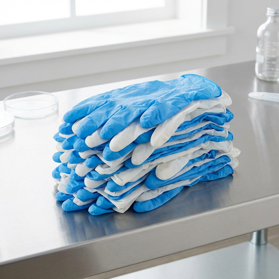 Stapel von blauen und weißen Nitrilhandschuhen auf einem sauberen Tisch