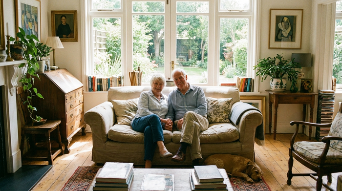 Älteres Ehepaar sitzt entspannt und lächelnd im eigenen, hellen Wohnzimmer