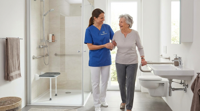 Pflegekraft von PflegeHelfer24 hilft Seniorin liebevoll im barrierefreien Badezimmer