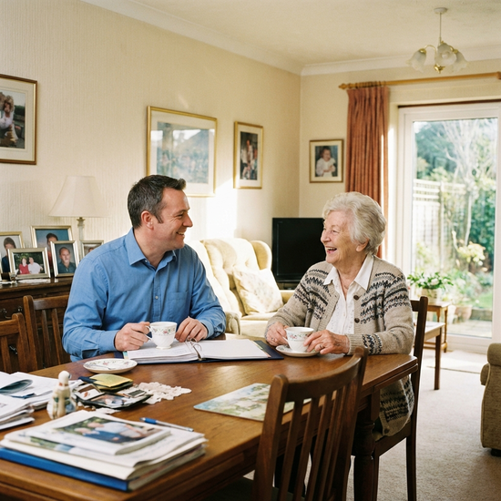 Freundlicher Pflegeberater im Gespräch mit Seniorin am Esstisch