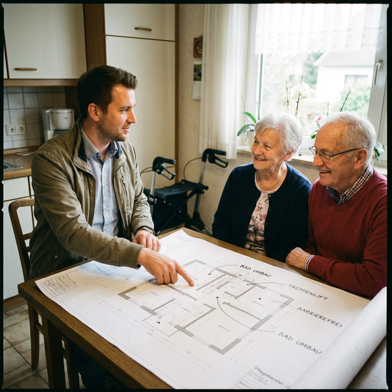 Pflegeberater zeigt auf Grundrissplan des Hauses