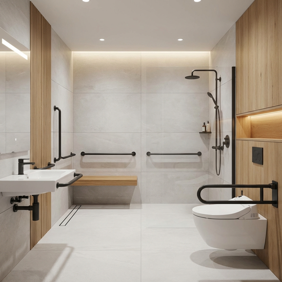 Modernes, barrierefreies Badezimmer mit bodengleicher Dusche und Haltegriffen