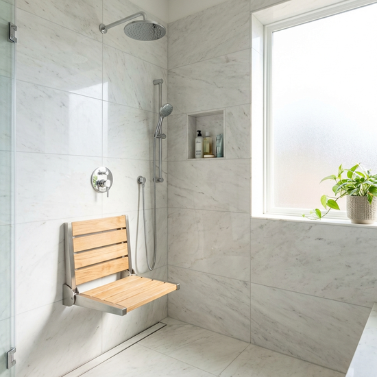 Klappbarer Duschsitz in einer hellen, geräumigen Duschkabine