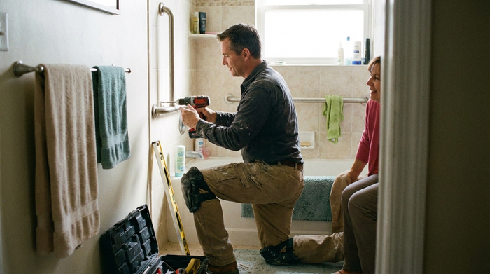 Handwerker bei der Montage eines Haltegriffs im Badezimmer