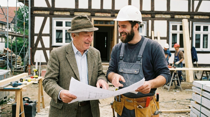 Handwerker bespricht Details mit älterem Herrn