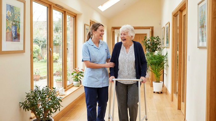 Freundliche Pflegekraft unterstützt eine ältere Dame beim Gehen in einem hellen, freundlichen Flur