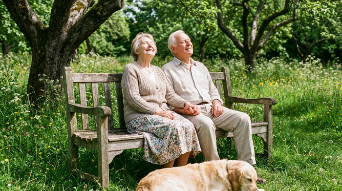 Älteres Ehepaar sitzt entspannt auf einer Parkbank im Grünen und genießt die Sonne