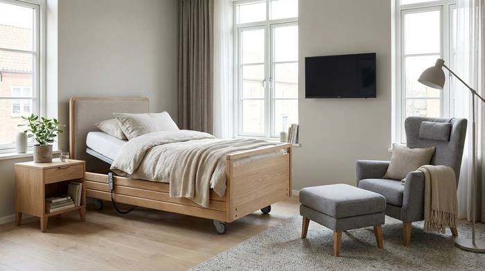 Modern eingerichtetes Pflegezimmer mit komfortablem Pflegebett und gemütlicher Sitzecke