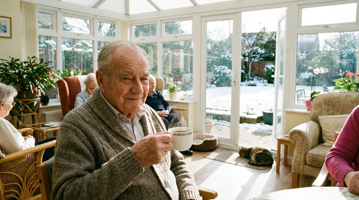 Älterer Herr entspannt sich bei einer Tasse Kaffee im sonnigen Wintergarten eines Pflegeheims