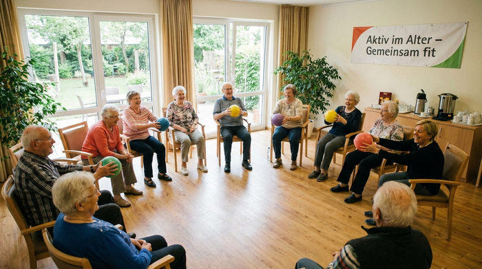 Senioren bei der gemeinsamen Gymnastikrunde in einem hellen Aufenthaltsraum