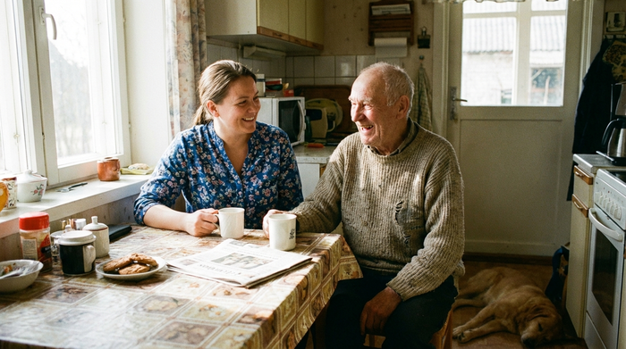 Freundliche Pflegerin und älterer Herr sitzen gemeinsam am Küchentisch und trinken Kaffee