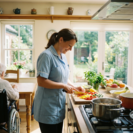 Pflegerin bereitet frische Mahlzeit in einer hellen Küche vor