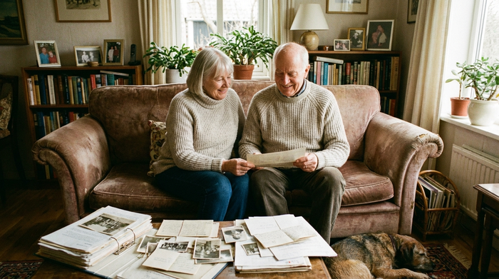 Älteres Ehepaar sitzt entspannt auf dem Sofa und betrachtet lächelnd Unterlagen