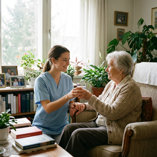 Pflegerin reicht Seniorin ein Glas Wasser