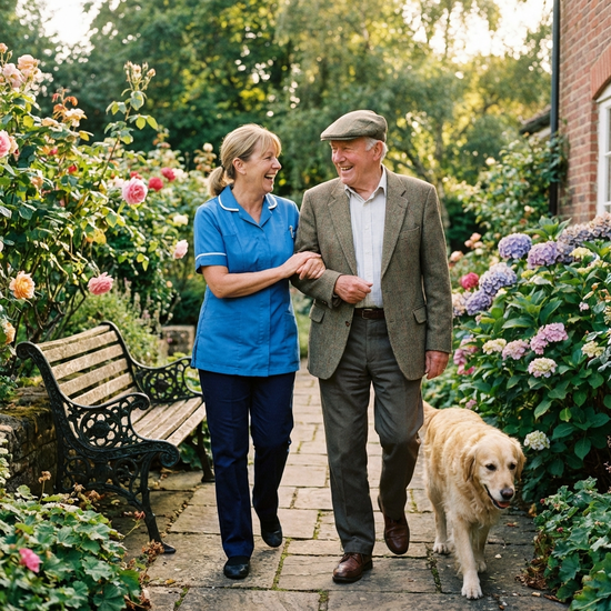 Pflegerin und Senior spazieren Arm in Arm im Garten