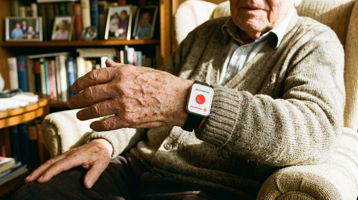 Hausnotruf-Armband am Handgelenk eines Seniors