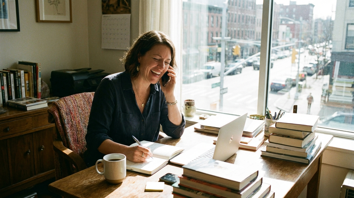 Frau telefoniert am Schreibtisch und macht sich Notizen in einem Block