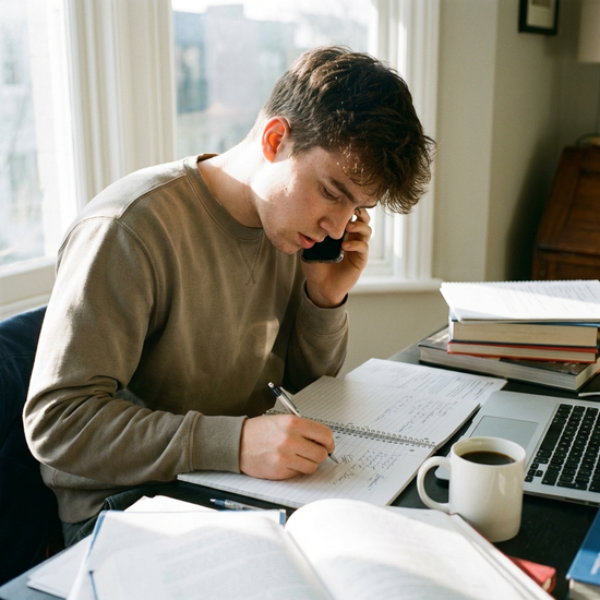 Sohn telefoniert konzentriert am Schreibtisch mit Notizblock