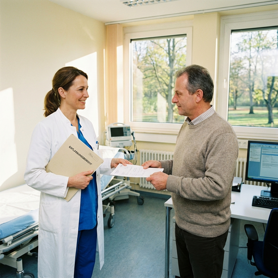 Ärztin überreicht Dokument an Angehörigen im Behandlungszimmer