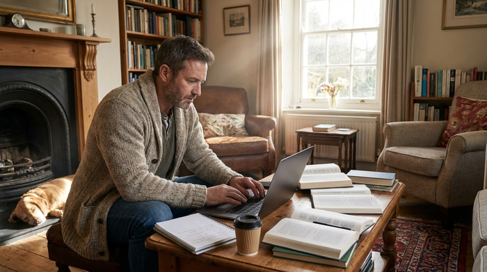 Mann am Laptop bei der Recherche im Wohnzimmer