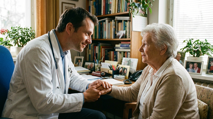 Hausarzt im einfühlsamen Gespräch mit älterer Patientin