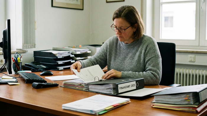 Frau ordnet Dokumente sorgfältig in einem Hefter