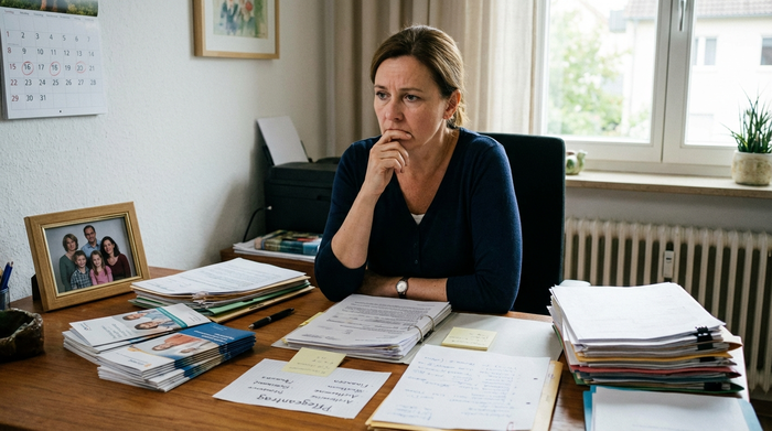 Nachdenkliche pflegende Tochter sitzt am Schreibtisch mit Dokumenten und Notizen