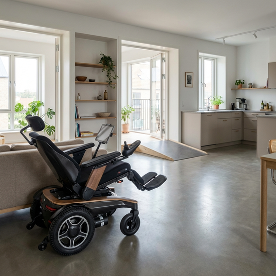 Moderner elektrischer Rollstuhl im barrierefreien Wohnzimmer